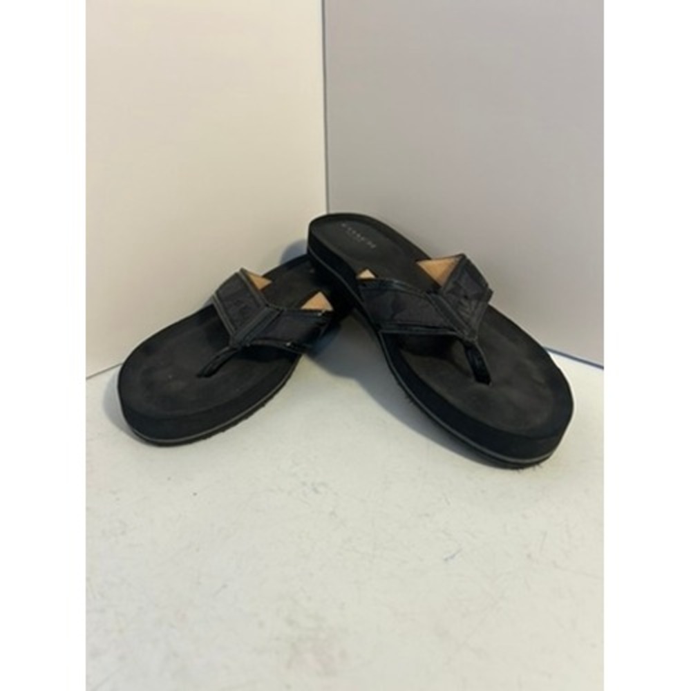 Coach Black Signature Monogram Canvas Platform Thong Sandals Flip Flops Womens